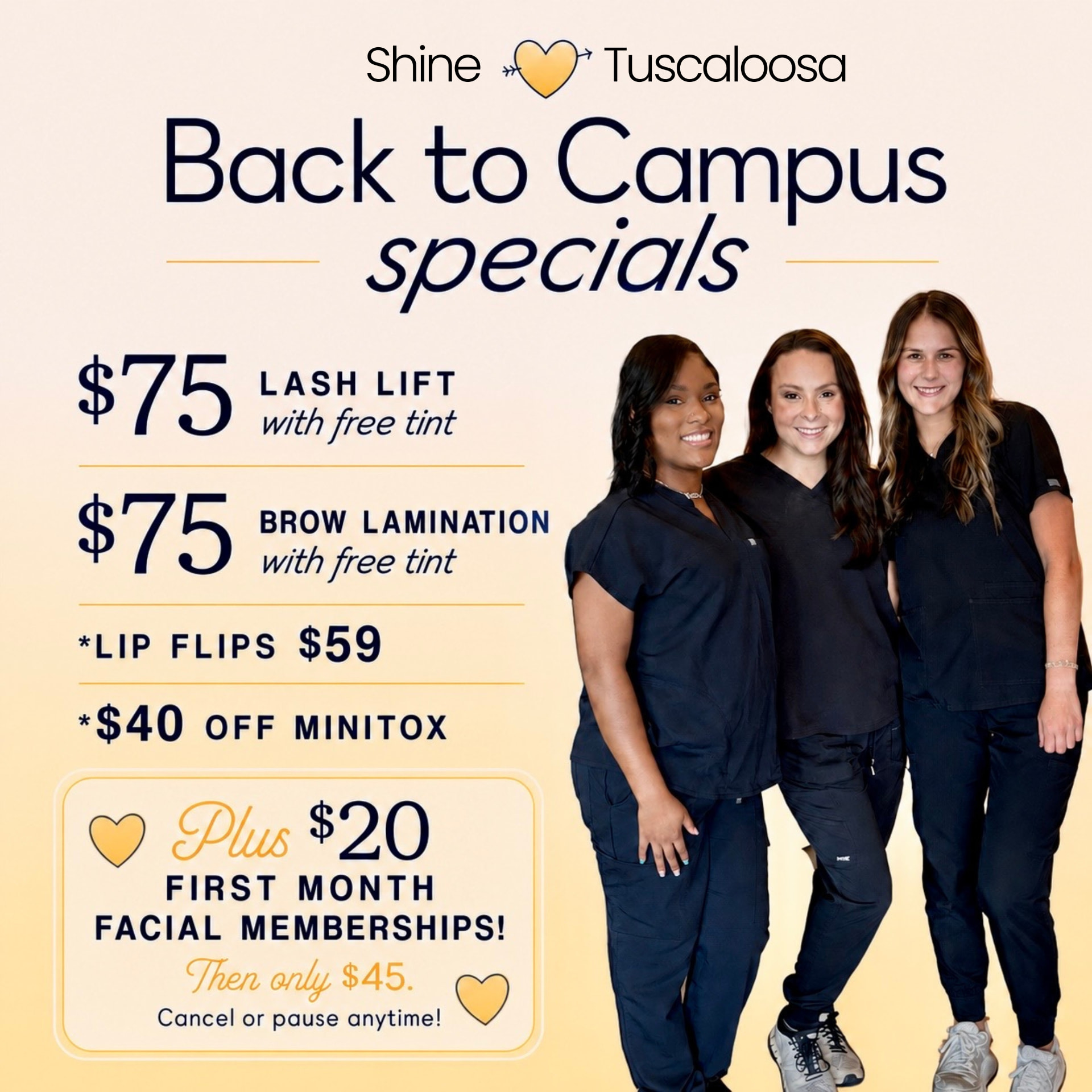 Shine Facial Bar Back to Campus specials featuring $75 lash lift with free tint, $75 brow lamination with free tint, $59 lip flips, $40 off MiniTox, and $20 first-month facial memberships.